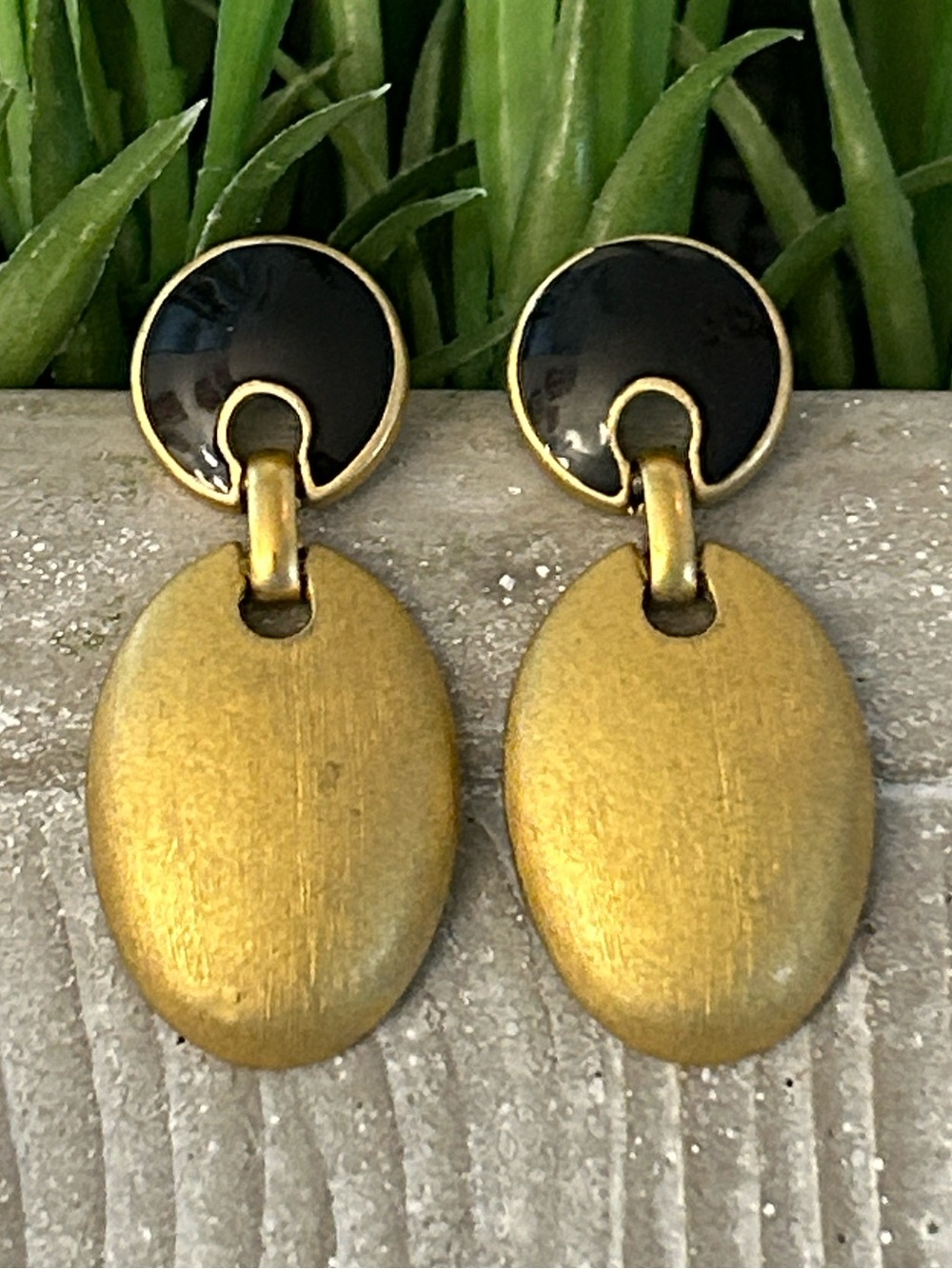 Trifari Gold Oval Drop Post Back Earrings with Black Enamel Accents